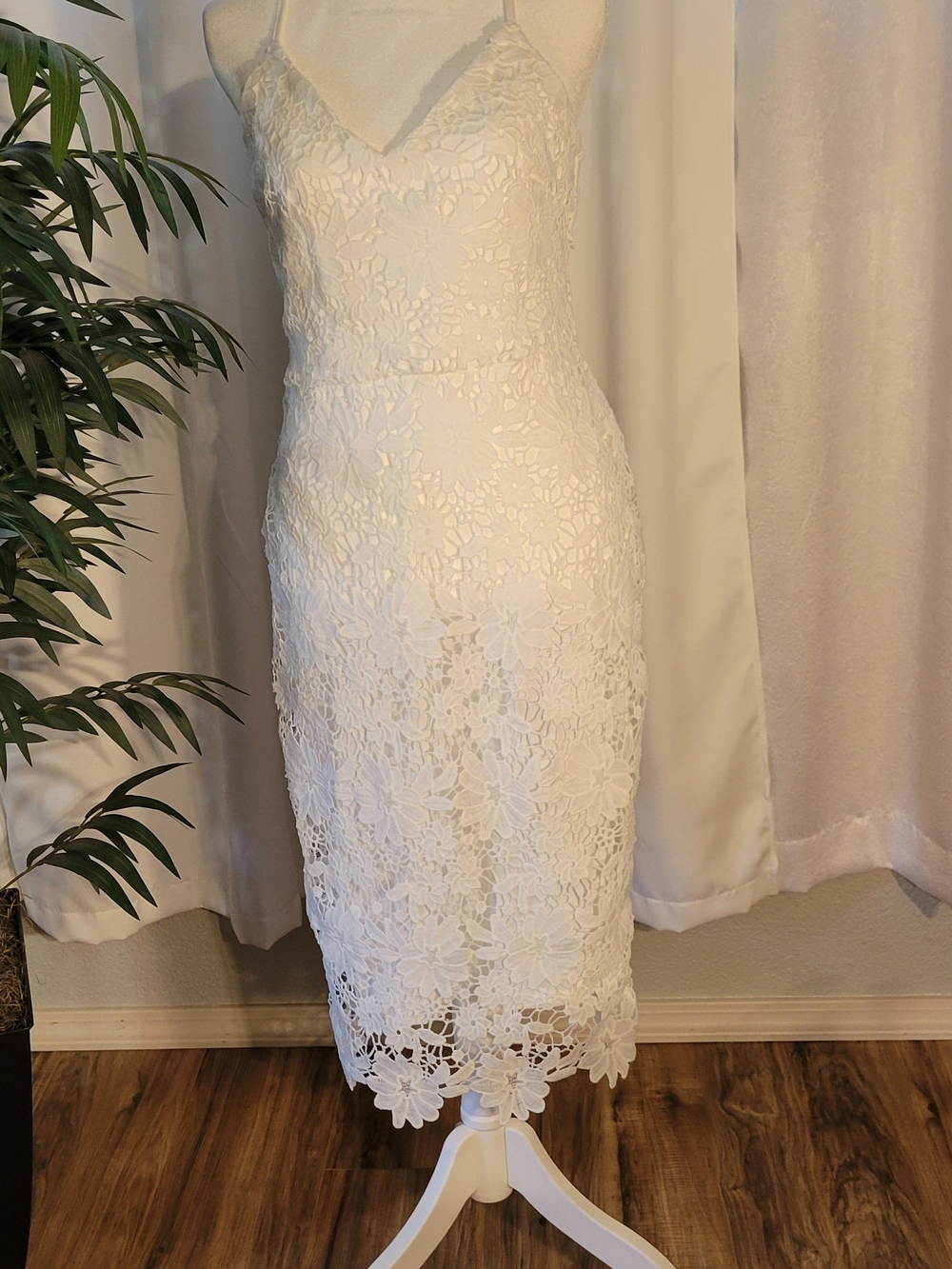 Elegant White Lace Midi Slip Dress with Floral Overlay